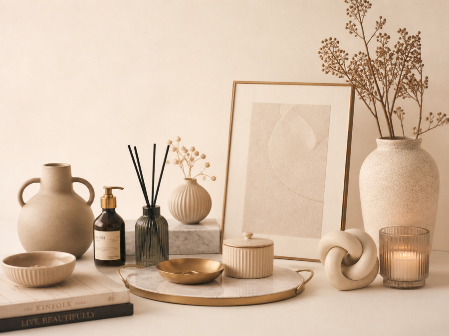 Parfum de cameră, ceramică, tablou, vază, lumânare și tavă decorativă.